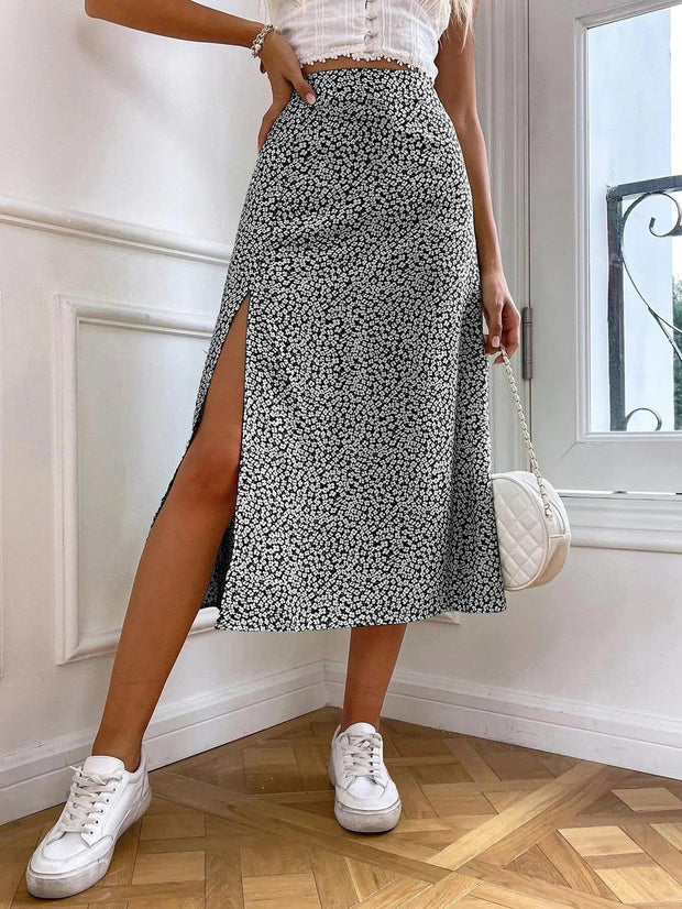 European And American Floral Split A- Line Sheath Mid-waist Dress Skirt - Deck Em Up