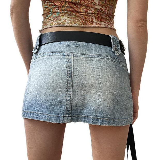 American Street Style Asymmetric Pocket Design Low Waist Denim Skirt - Deck Em Up