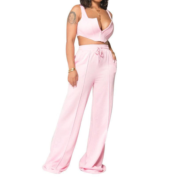 European And American Women's Clothing Solid Color Sexy Top Loose Mop Wide Leg Pants Two-piece Set - Deck Em Up