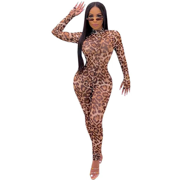 Women Leopard Print Mesh Transparent Long Sleeve Skinny Bodycon Jumpsuit Sexy Night Club Party Romper Playsuit Gll8088 - Deck Em Up