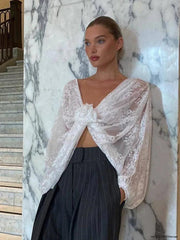 Summer Deep V-Neck Appliques Lace See Through Long Sleeve Top T-Shirt Tee Femme Sexy White Loose Knot Ruched Crop Tops - Deck Em Up