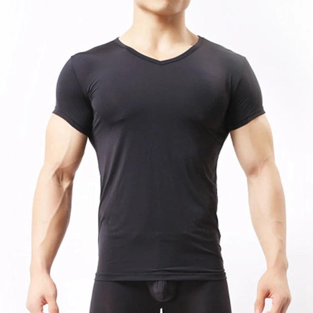 Super Thin Muscle Men's Cool Summer Casual Fitness V-Neck Short T-Shirts Modal Cotton Obesity Man T-Shirt - Deck Em Up