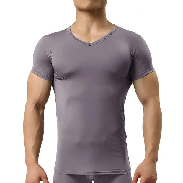 Super Thin Muscle Men's Cool Summer Casual Fitness V-Neck Short T-Shirts Modal Cotton Obesity Man T-Shirt - Deck Em Up