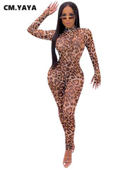 Women Leopard Print Mesh Transparent Long Sleeve Skinny Bodycon Jumpsuit Sexy Night Club Party Romper Playsuit Gll8088 - Deck Em Up