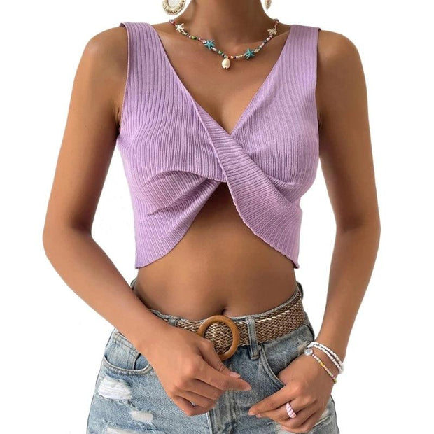 Sexy V-neck Top Solid Color Seamless-Sleeveless Knitted Cropped Tanks Yoga Bodycon Crop Knots Tops for Sports Party Y1QD - Deck Em Up