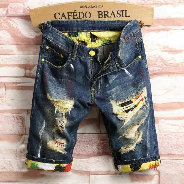 Men Holes Denim Shorts Novelty Style Jean Shorts Men Knee Length Short Jeans Fashion Male Straight Denim Shorts Casual Shorts 44 - Deck Em Up