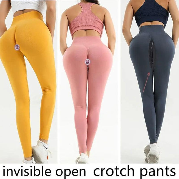 Knitted Autumn Outdoor Open Crotch Women's Peach Hip Sports Leggings Invisible Zipper Workout Pants Tight Sexy Gym Trousers - Deck Em Up