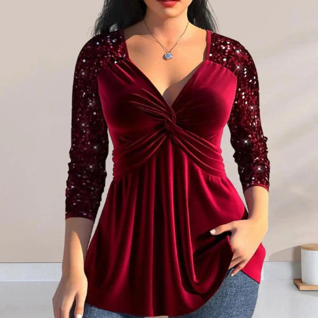 Women Solid Color Tops Breathable Long Sleeve Blouses Elegant V-neck Sequin Blouse for Women Long Sleeve Knot Design Party Tops - Deck Em Up