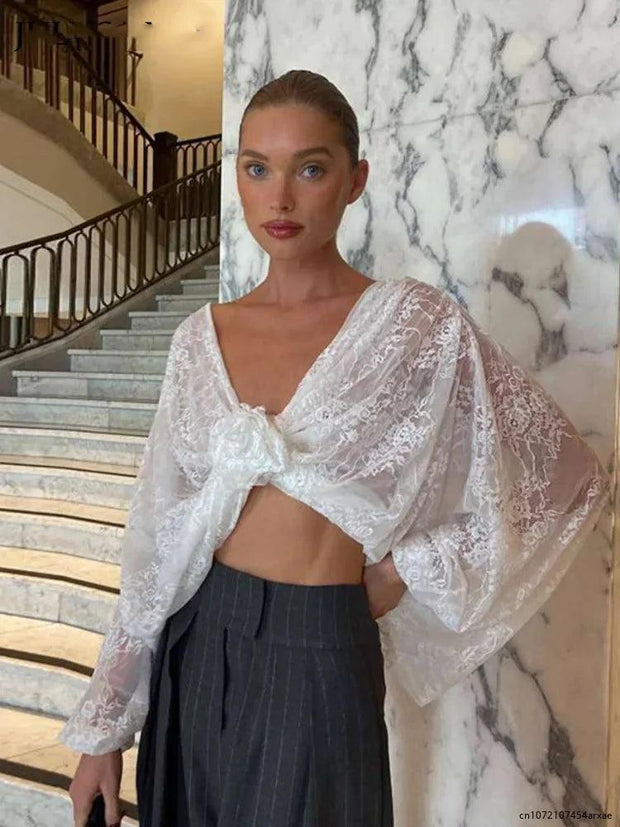 Summer Deep V-Neck Appliques Lace See Through Long Sleeve Top T-Shirt Tee Femme Sexy White Loose Knot Ruched Crop Tops - Deck Em Up