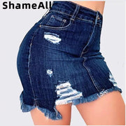 Plus Size Ripped Holes Bodycon Mini Denim Skirts 4XL 5XL Summer Sexy Ladies Tassel Short Pencil Skirts Wrap Jeans Skirt - Deck Em Up