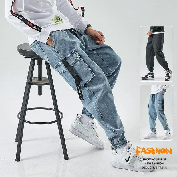 Men Joggers Cargo Denim Pants Baggy Harem Japanese Streetwear Styke Male Ankle Harajuku Casual Hip Hop Jeans Trousers Men - Deck Em Up