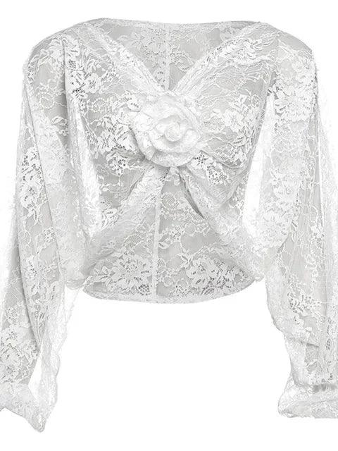 Summer Deep V-Neck Appliques Lace See Through Long Sleeve Top T-Shirt Tee Femme Sexy White Loose Knot Ruched Crop Tops - Deck Em Up