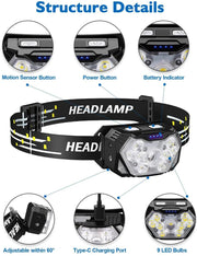 9 Led Strong Light Headlamp USB Rechageable Motion Sensor Headlight Portable Fishing Camping Outdoor Head Lamp Work Flashlight - Deck Em Up