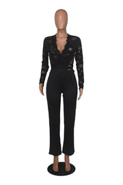 Patchwork Jumpsuit Women Casual Sexy Off Shoulder Slash Neck Long Sleeve Lady Black Jumpsuit Elegant Slim Wide Pants Streetwear - Deck Em Up