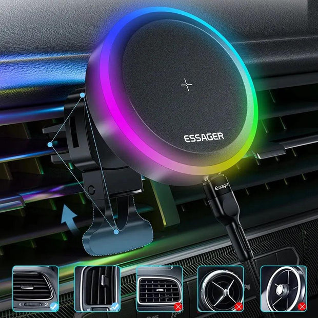 Essager RGB Magnetic Car Phone Holder Qi 15W Wireless Charger Car For iPhone 14 13 Pro Max Samsung Phone Holder Stand - Deck Em Up