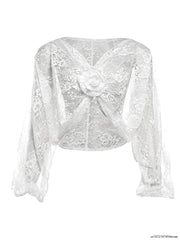 Summer Deep V-Neck Appliques Lace See Through Long Sleeve Top T-Shirt Tee Femme Sexy White Loose Knot Ruched Crop Tops - Deck Em Up