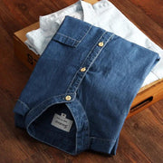 Schinteon Men Long Sleeved Denim Shirt 100% Pure Cotton O-Neck Stand Collar Slim Slight Elastic Jeans Simple Solid Color Top - Deck Em Up