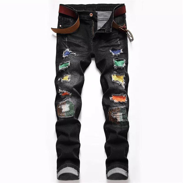 Men's Biker Jeans Pants Light Ripped Moto Denim Man Pleated Scratched Motorcycle Slim Jean Trousers - Deck Em Up