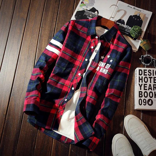 Autumn New Fashion Brand Print Shirt Men's Personality Letter Plaid Slim Shirt Men's Casual Social Shirt Men's Clothing 5XL - Deck Em Up