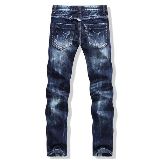 Sokotoo Men's Fashion Patchwork Spliced Ripped Jeans Male Personality Leather Rivet Slim Straight Denim Pants - Deck Em Up