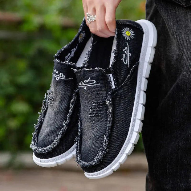 New Casual Frayed Canvas Shoes For Men Summer Breathable Espadrilles Man Slip On Distressed Sneakers Male Ultra Light Boat Shoes - Deck Em Up