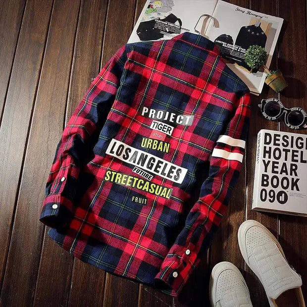 Autumn New Fashion Brand Print Shirt Men's Personality Letter Plaid Slim Shirt Men's Casual Social Shirt Men's Clothing 5XL - Deck Em Up