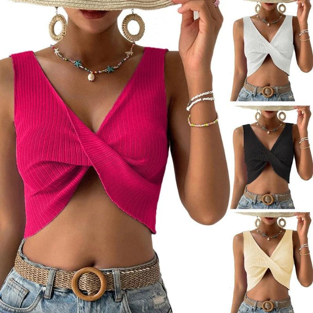 Sexy V-neck Top Solid Color Seamless-Sleeveless Knitted Cropped Tanks Yoga Bodycon Crop Knots Tops for Sports Party Y1QD - Deck Em Up