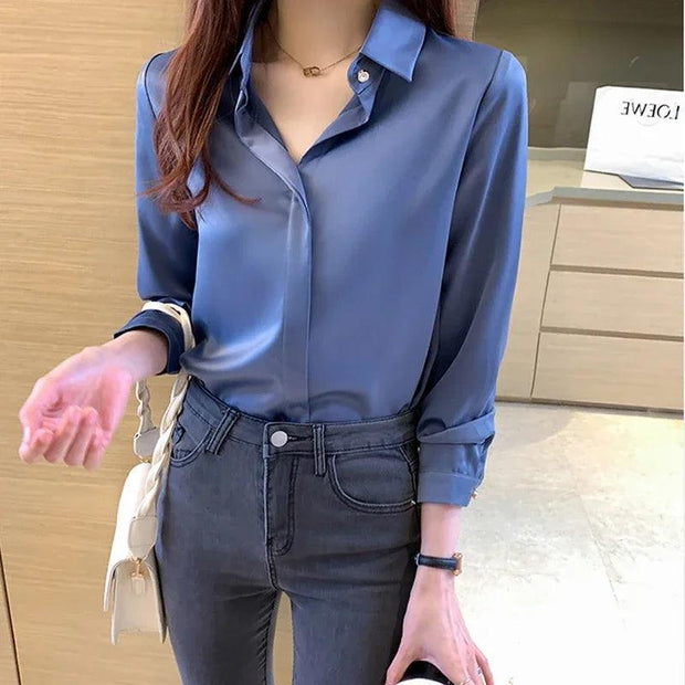 Silk Shirts Women Long Sleeve Shirts Blouses for Women Satin Clothing Office Lady Solid Silk Shirt Blouse Tops 17276 - Deck Em Up