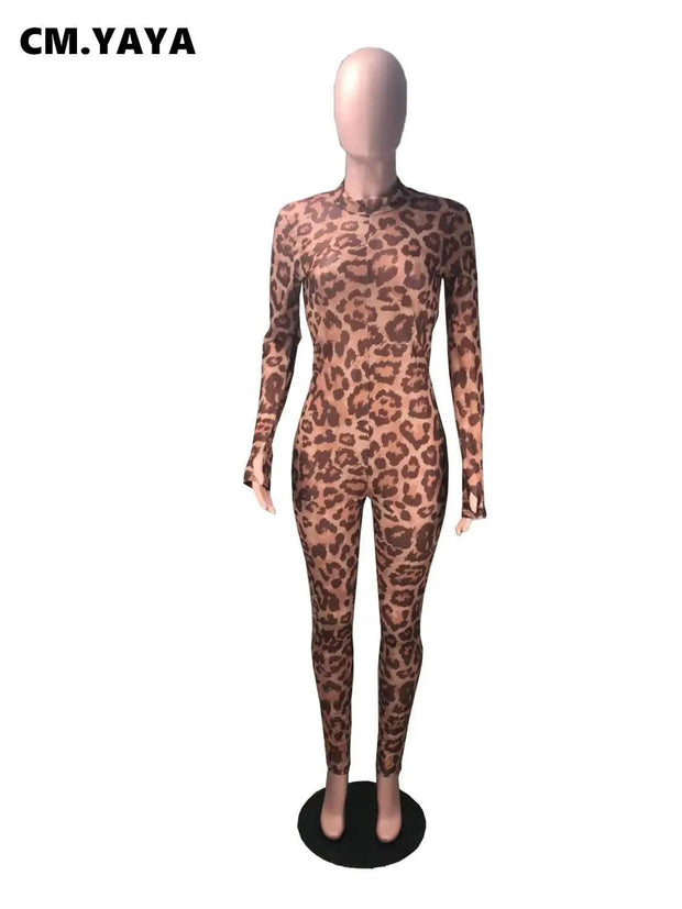 Women Leopard Print Mesh Transparent Long Sleeve Skinny Bodycon Jumpsuit Sexy Night Club Party Romper Playsuit Gll8088 - Deck Em Up