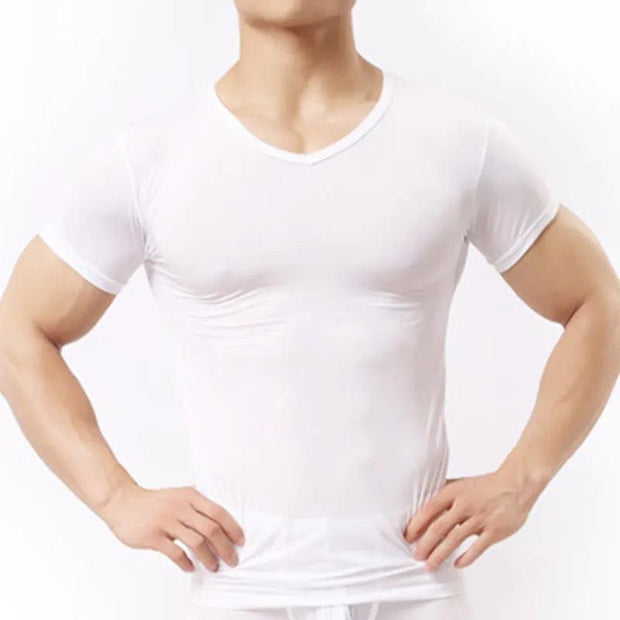 Super Thin Muscle Men's Cool Summer Casual Fitness V-Neck Short T-Shirts Modal Cotton Obesity Man T-Shirt - Deck Em Up