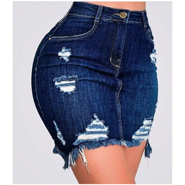 Plus Size Ripped Holes Bodycon Mini Denim Skirts 4XL 5XL Summer Sexy Ladies Tassel Short Pencil Skirts Wrap Jeans Skirt - Deck Em Up