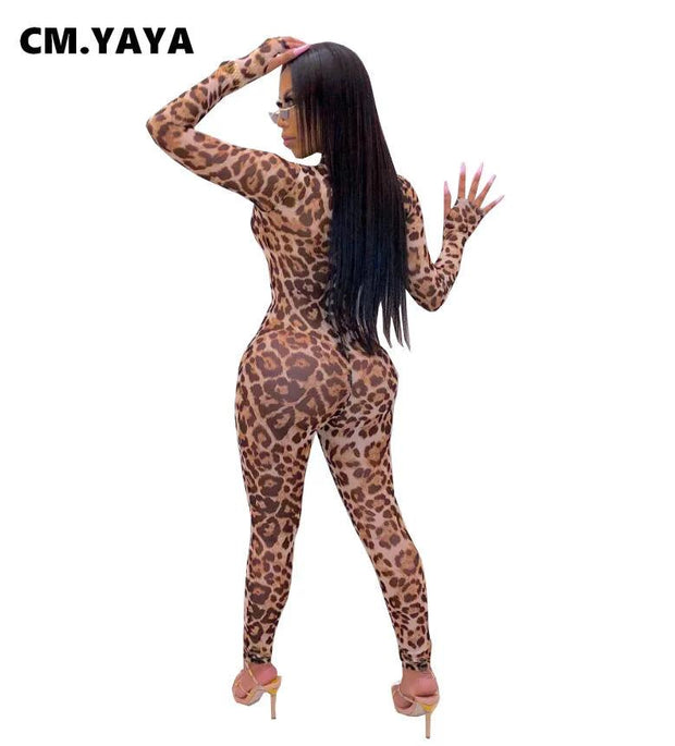 Women Leopard Print Mesh Transparent Long Sleeve Skinny Bodycon Jumpsuit Sexy Night Club Party Romper Playsuit Gll8088 - Deck Em Up