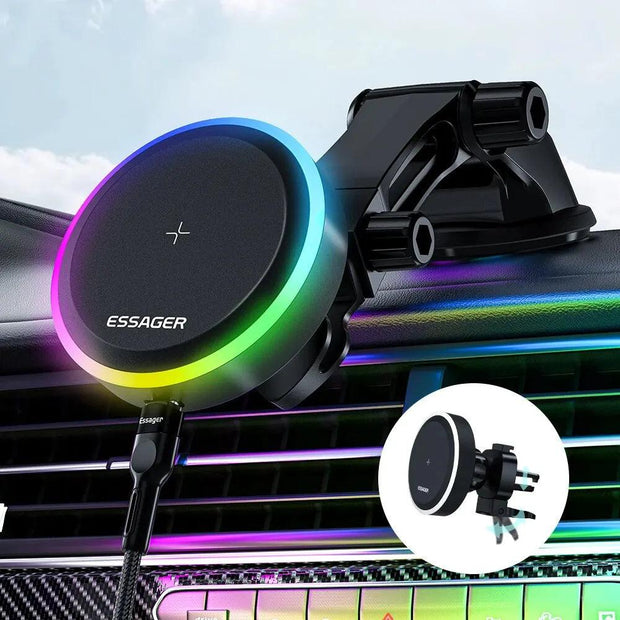 Essager RGB Magnetic Car Phone Holder Qi 15W Wireless Charger Car For iPhone 14 13 Pro Max Samsung Phone Holder Stand - Deck Em Up