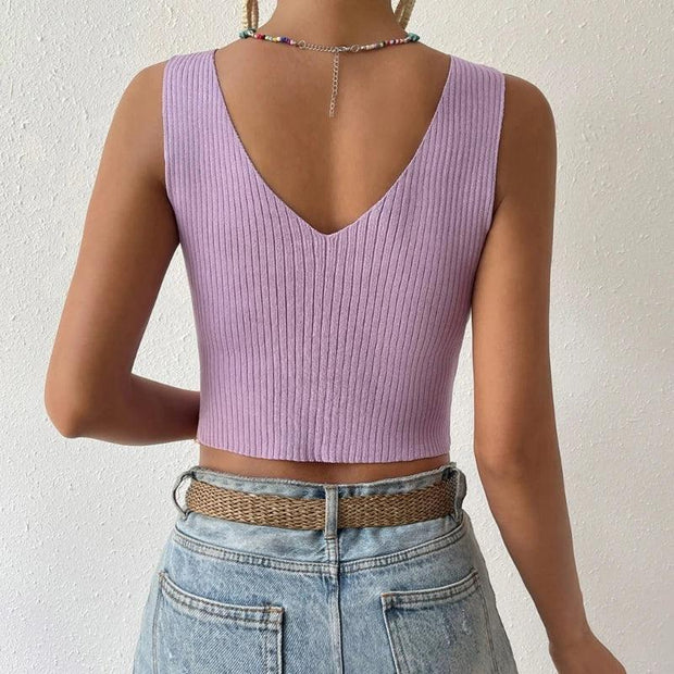 Sexy V-neck Top Solid Color Seamless-Sleeveless Knitted Cropped Tanks Yoga Bodycon Crop Knots Tops for Sports Party Y1QD - Deck Em Up