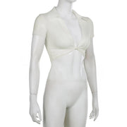 Womens See-Through Deep V Neck Shirt Knot Front Short Sleeve Crop Top Turn-Down Collar Slim Fit Shirts Beach Bikini Cover Ups - Deck Em Up