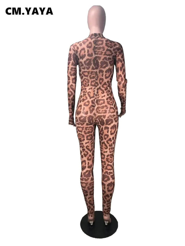 Women Leopard Print Mesh Transparent Long Sleeve Skinny Bodycon Jumpsuit Sexy Night Club Party Romper Playsuit Gll8088 - Deck Em Up