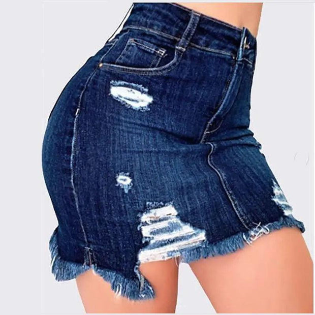 Plus Size Ripped Holes Bodycon Mini Denim Skirts 4XL 5XL Summer Sexy Ladies Tassel Short Pencil Skirts Wrap Jeans Skirt - Deck Em Up