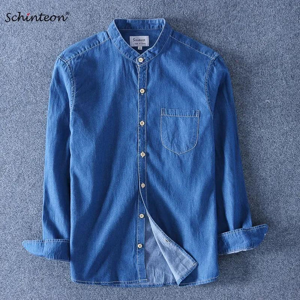 Schinteon Men Long Sleeved Denim Shirt 100% Pure Cotton O-Neck Stand Collar Slim Slight Elastic Jeans Simple Solid Color Top - Deck Em Up