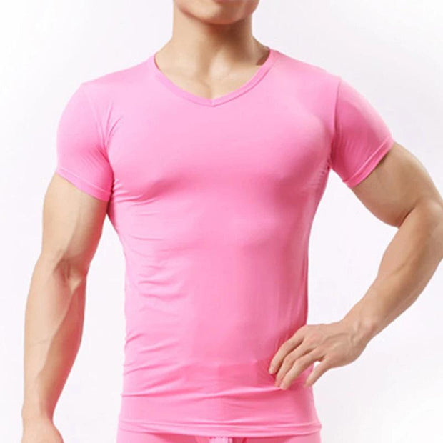 Super Thin Muscle Men's Cool Summer Casual Fitness V-Neck Short T-Shirts Modal Cotton Obesity Man T-Shirt - Deck Em Up