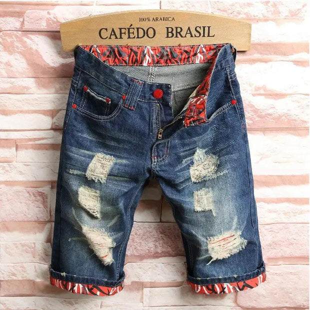 Men Holes Denim Shorts Novelty Style Jean Shorts Men Knee Length Short Jeans Fashion Male Straight Denim Shorts Casual Shorts 44 - Deck Em Up