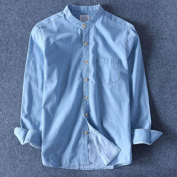 Schinteon Men Long Sleeved Denim Shirt 100% Pure Cotton O-Neck Stand Collar Slim Slight Elastic Jeans Simple Solid Color Top - Deck Em Up