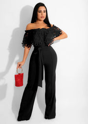 Patchwork Jumpsuit Women Casual Sexy Off Shoulder Slash Neck Long Sleeve Lady Black Jumpsuit Elegant Slim Wide Pants Streetwear - Deck Em Up