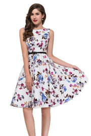 Grace Karin Women Summer Dress Lady Floral Retro Floral Dresses Casual Party Robe Rockabilly Dress Belt Print New Fashion - Deck Em Up