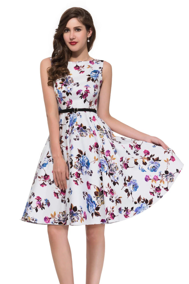 Grace Karin Women Summer Dress Lady Floral Retro Floral Dresses Casual Party Robe Rockabilly Dress Belt Print New Fashion - Deck Em Up