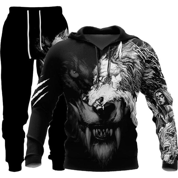 3D Wolf Print Tracksuit Men Sportswear Hooded Sweatsuit Two Piece Outdoors Running Fitness Mens Clothing Jogging Set - Deck Em Up