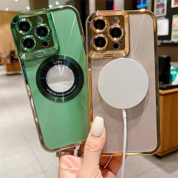 Electroplated Phone Case Luxury Plating CD Pattern Magsafe Bracket Case For 12 13 14 Pro Max Invisible Camera Stand Holder Lens Holder Magnetic Suction - Deck Em Up