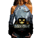 Halloween Off Shoulder Printed Top Womens Casual Loose Stitching Long Sleeved T Shirt - Deck Em Up