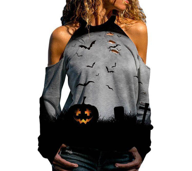 Halloween Off Shoulder Printed Top Womens Casual Loose Stitching Long Sleeved T Shirt - Deck Em Up