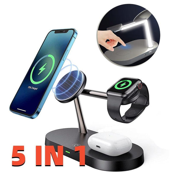 Multifunctional Five-In-One Magnetic Wireless Charging Watch Headset Desktop Mobile Phone Holder Charger 15W Fast Charge - Deck Em Up