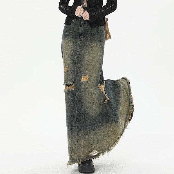 High Waist Loose And Slimming Long Skirt Ripped Denim Skirt - Deck Em Up